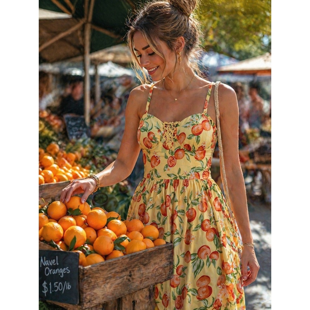 No Boundaries Citrus Print Sundress Size S Orange Summer Adjustable Straps